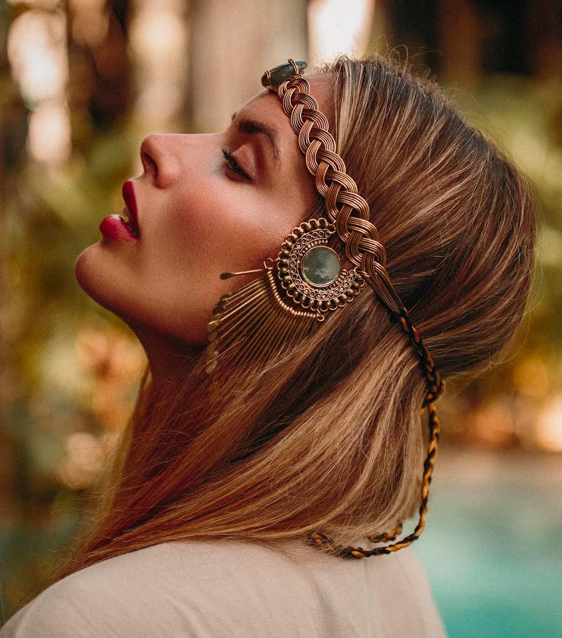 tiara boho dorada piedra verde | headpiece dorado elegante