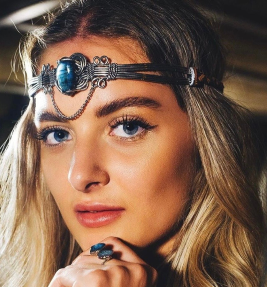 Tiara boho Ibiza/ Piedra labradorita azul mística