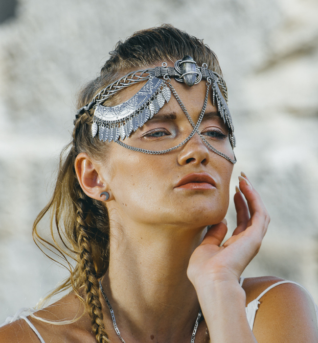 Tiara oceanica boho exótica plata/ Piedra natural azul